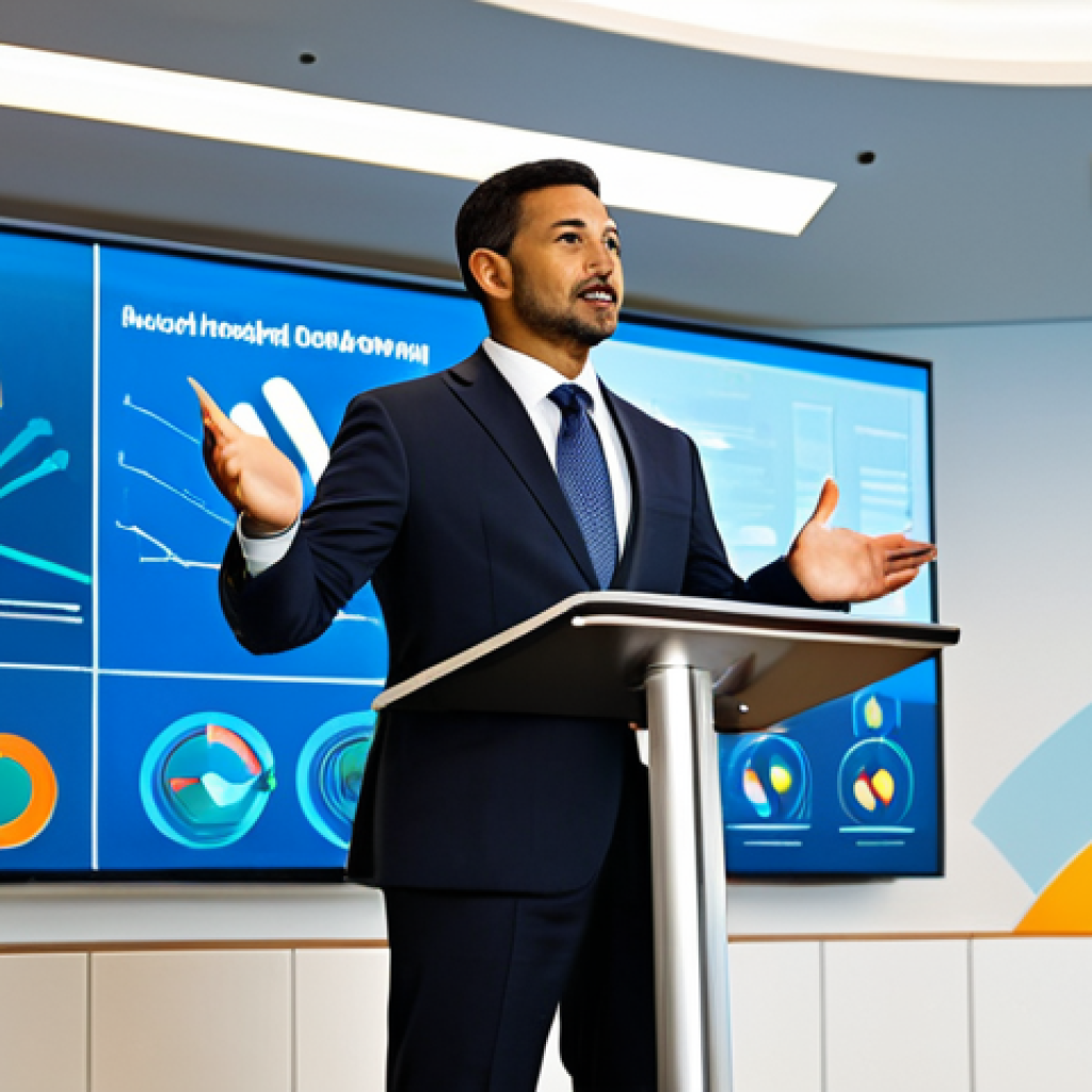 A diverse business professional, fully clothed in a modest, dark business suit, stands confidently at a podium in a brightly lit, modern conference hall. They are making direct eye contact, with one hand gently gesturing towards a large, abstract graphic on a screen behind them, symbolizing future growth and innovation. The setting is professional and engaging. Perfect anatomy, correct proportions, natural pose, well-formed hands, proper finger count, natural body proportions. High-resolution, professional photography, appropriate attire, safe for work, appropriate content, family-friendly.