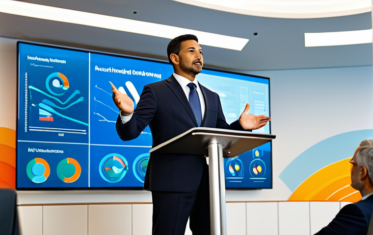 A diverse business professional, fully clothed in a modest, dark business suit, stands confidently at a podium in a brightly lit, modern conference hall. They are making direct eye contact, with one hand gently gesturing towards a large, abstract graphic on a screen behind them, symbolizing future growth and innovation. The setting is professional and engaging. Perfect anatomy, correct proportions, natural pose, well-formed hands, proper finger count, natural body proportions. High-resolution, professional photography, appropriate attire, safe for work, appropriate content, family-friendly.