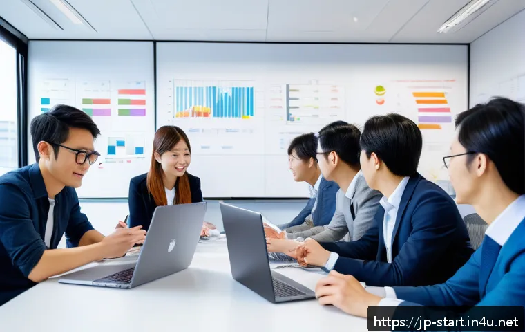 스타트업 마케팅 주요 이론 - A modern startup marketing team brainstorming session in a bright, stylish office with diverse young...