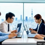 마케팅 실무 경험 공유 - A modern Japanese digital marketing office scene, featuring a diverse team of young professionals co...