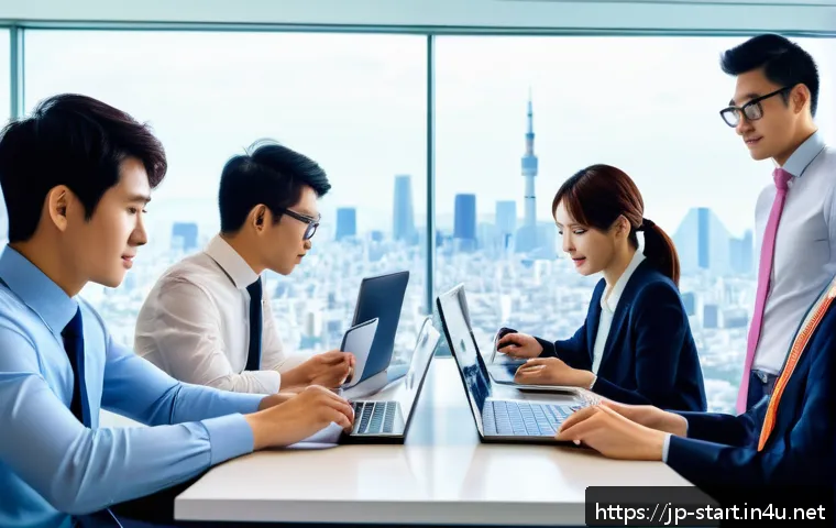 마케팅 실무 경험 공유 - A modern Japanese digital marketing office scene, featuring a diverse team of young professionals co...
