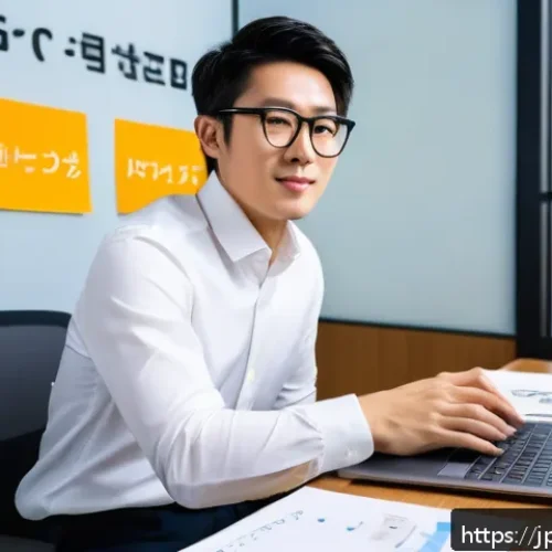 스타트업 마케팅 취업 성공 전략 - A modern Japanese startup office scene featuring a young professional marketer with short black hair...
