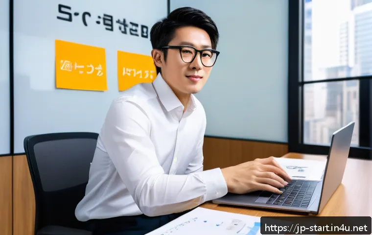 스타트업 마케팅 취업 성공 전략 - A modern Japanese startup office scene featuring a young professional marketer with short black hair...