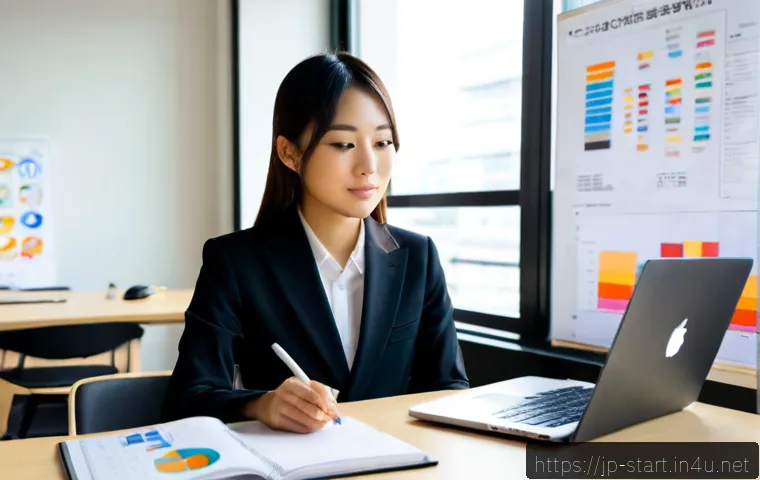 스타트업 마케팅 커리어 개발 - Photorealistic young Japanese marketing professional developing a startup career, seated at a clean ...