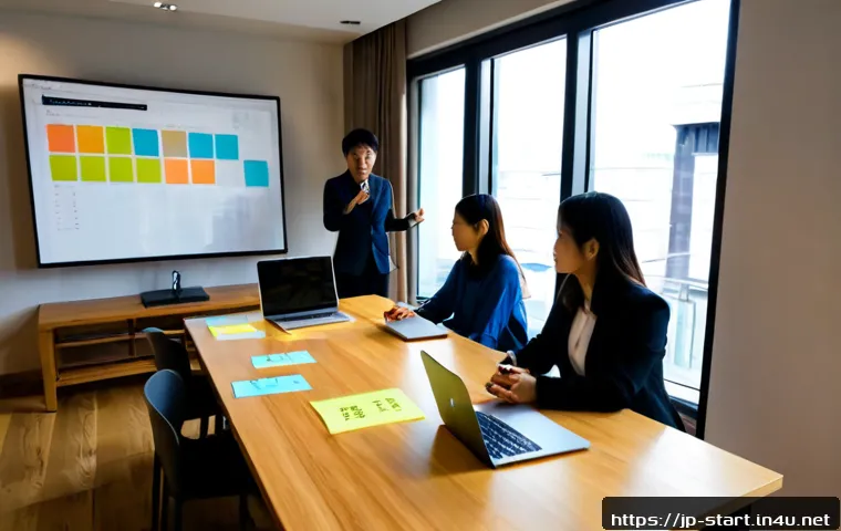 스타트업 마케팅 이론 및 실습 - Photorealistic startup marketing workshop in a modern Tokyo-style coworking space, diverse young ent...